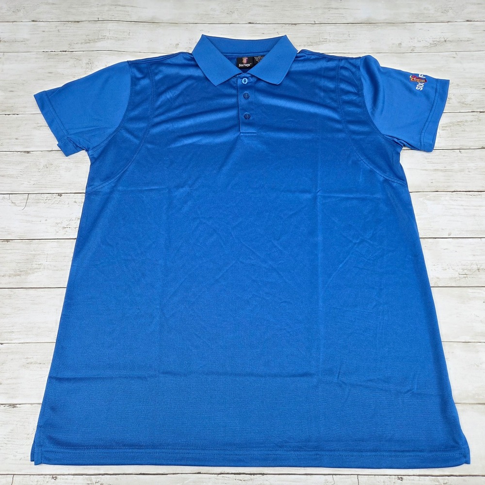 Six Flags Polo Shirt Men Large Blue Short Sleeve Souvenir Performance Collared
